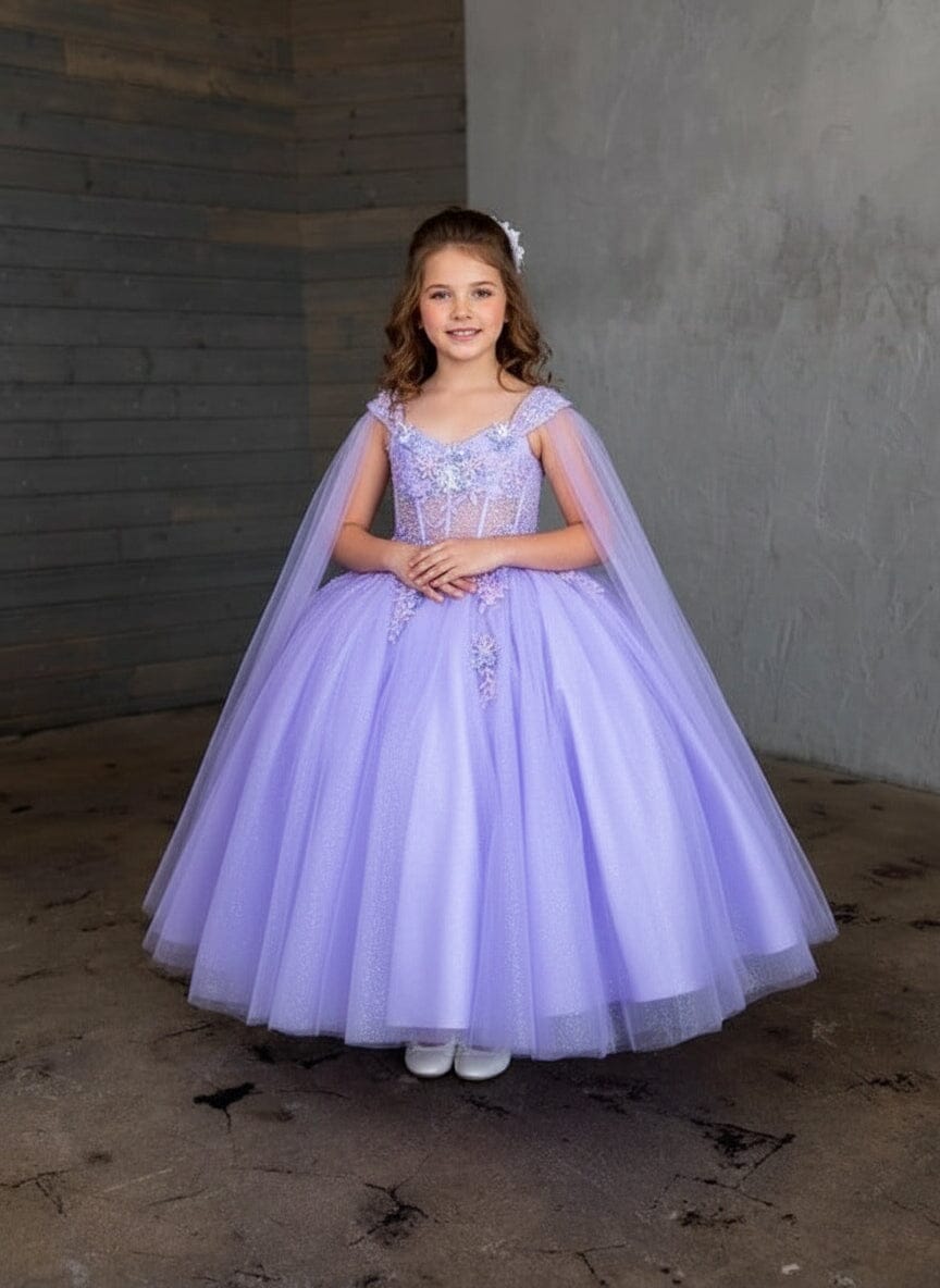 Girls Off Shoulder Cape Sleeve Gown by Calla SCK-308