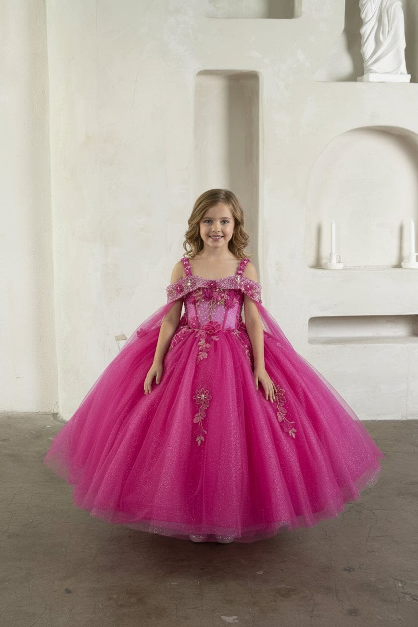 Girls Off Shoulder Cape Sleeve Gown by Calla SCK-308
