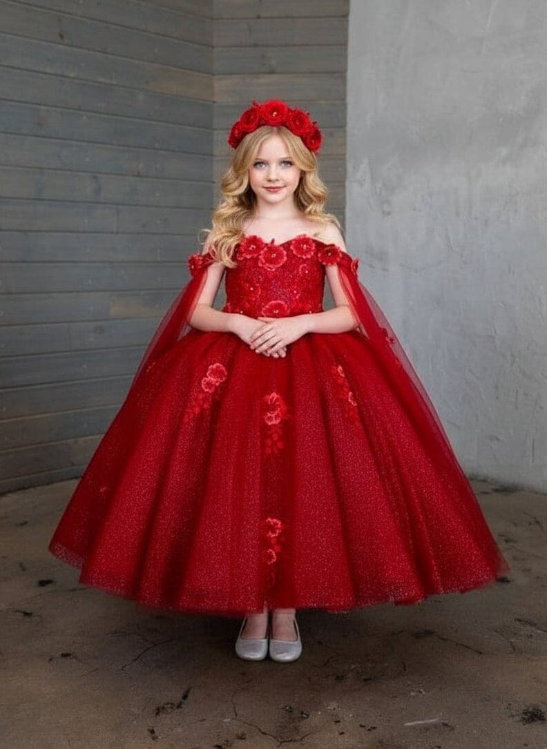 Girls Off Shoulder Cape Sleeve Gown by Calla SCK-314