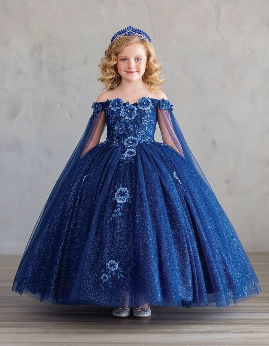 Girls Off Shoulder Cape Sleeve Gown by Calla SCK-314