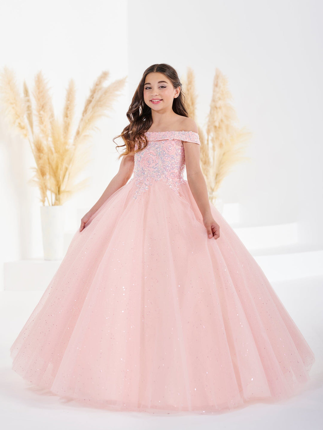 Girls Off Shoulder Gown by Tiffany Princess 13688