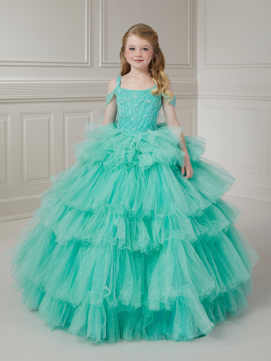 Girls Ruffled Cold Shoulder Gown by Tiffany Princess 13716