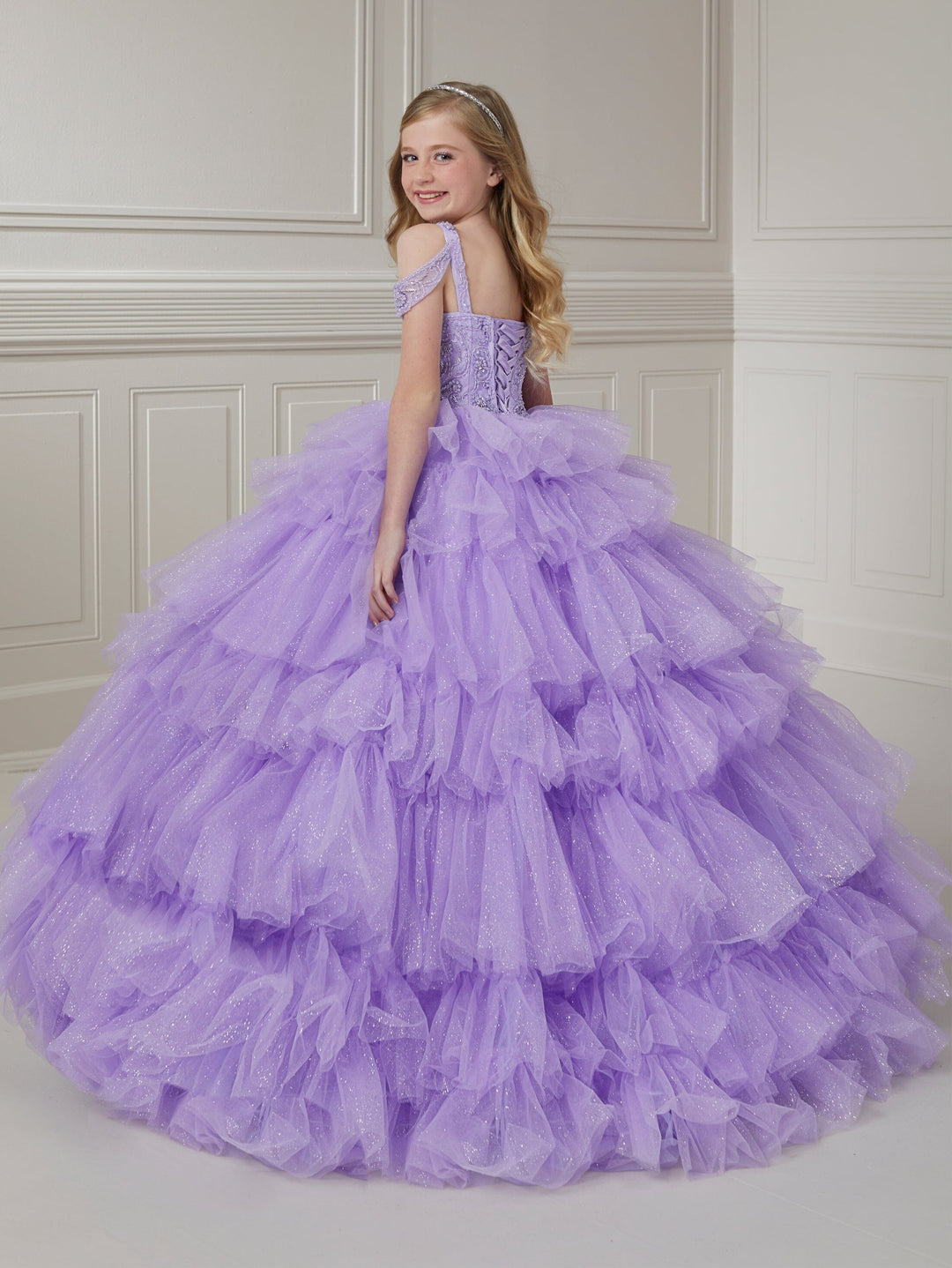 Girls Ruffled Cold Shoulder Gown by Tiffany Princess 13716