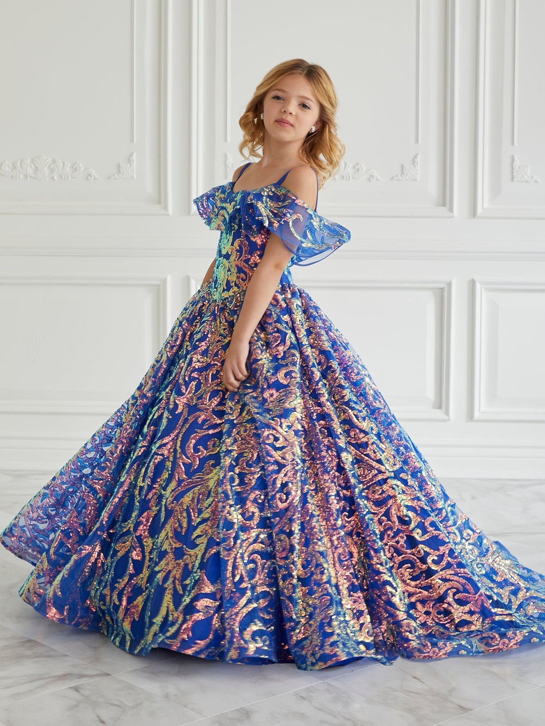Girls Sequin Print Cold Shoulder Gown by Tiffany Princess 13668
