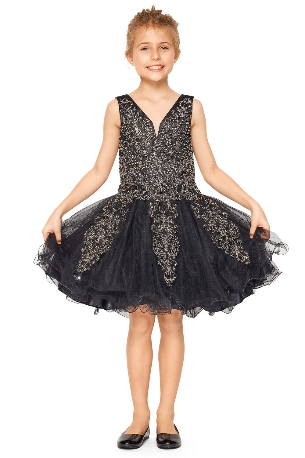 Girls Short Applique V-Neck Dress by Cinderella Couture 5110