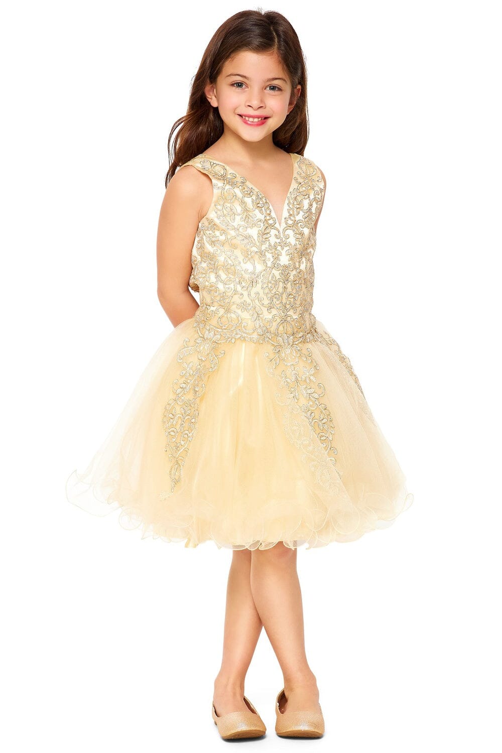 Girls Short Applique V-Neck Dress by Cinderella Couture 5110