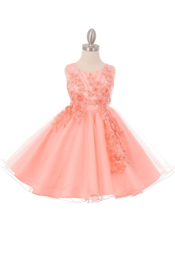 Girls Short Glitter Dress with 3D Flowers by Cinderella Couture 9022