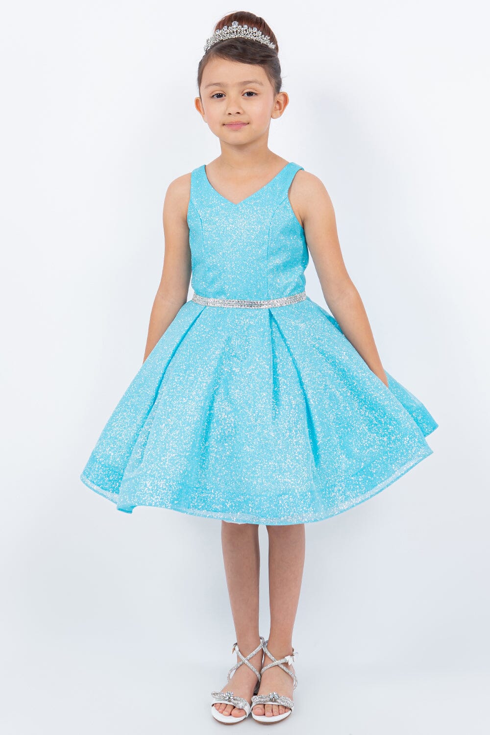 Girls Short Glitter V-Neck Dress by Cinderella Couture 8047