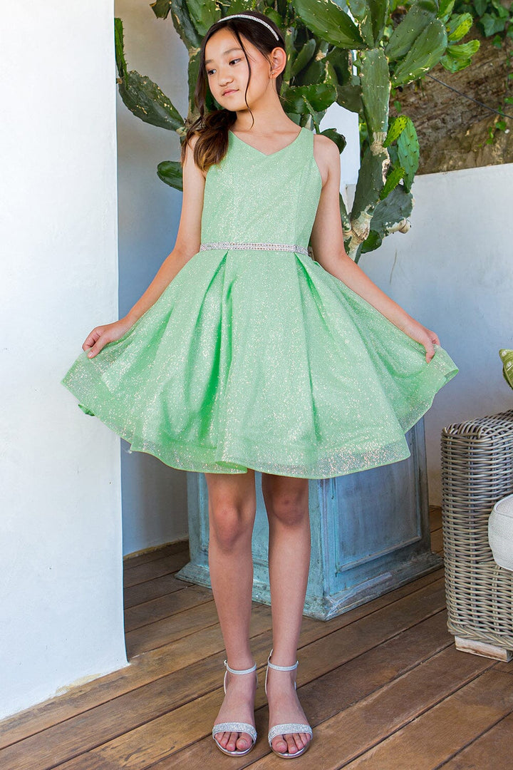 Girls Short Glitter V-Neck Dress by Cinderella Couture 8047