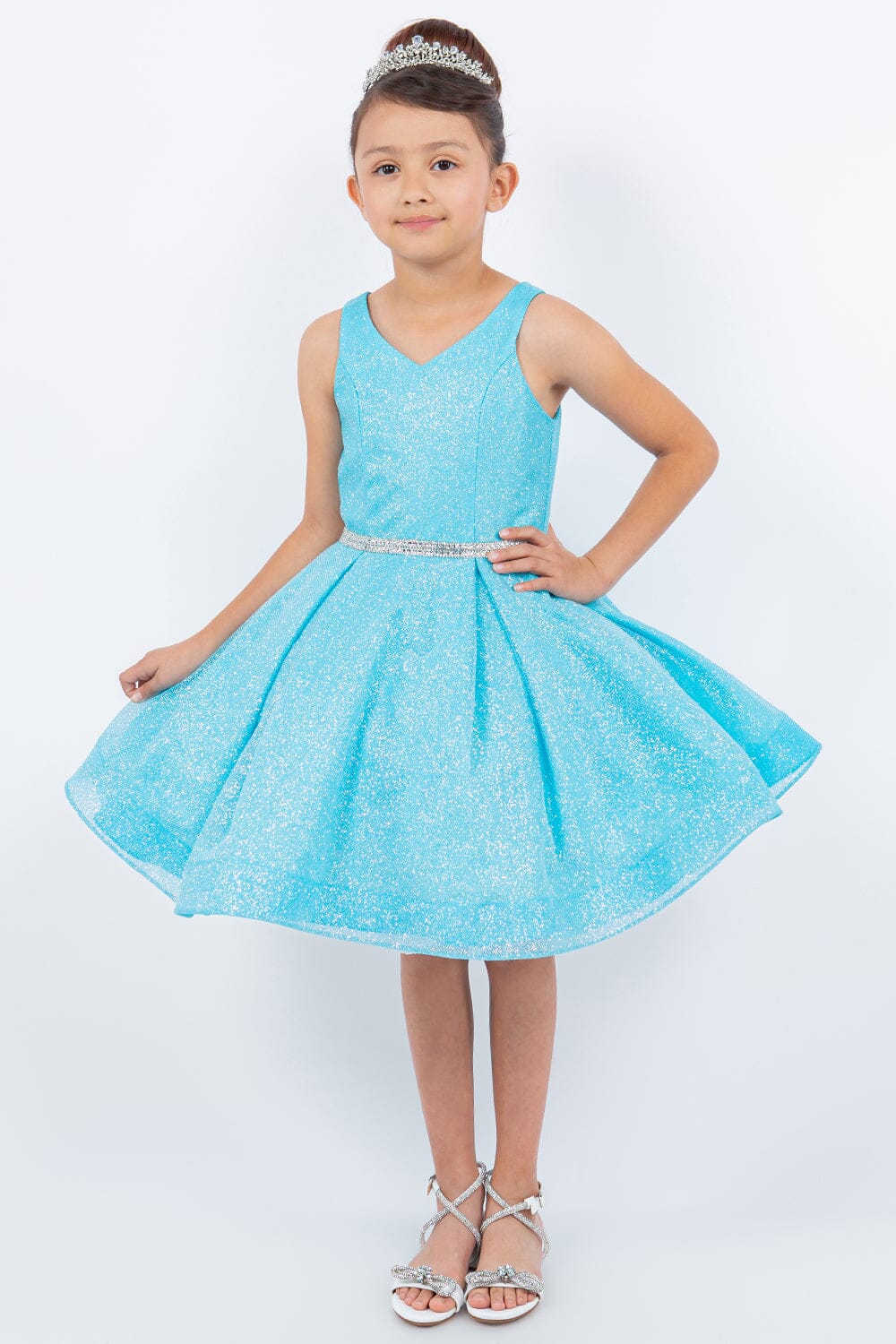 Girls Short Glitter V-Neck Dress by Cinderella Couture 8047