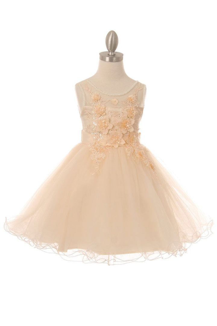 Girls Short Illusion Dress with 3D Flowers by Cinderella Couture 9083