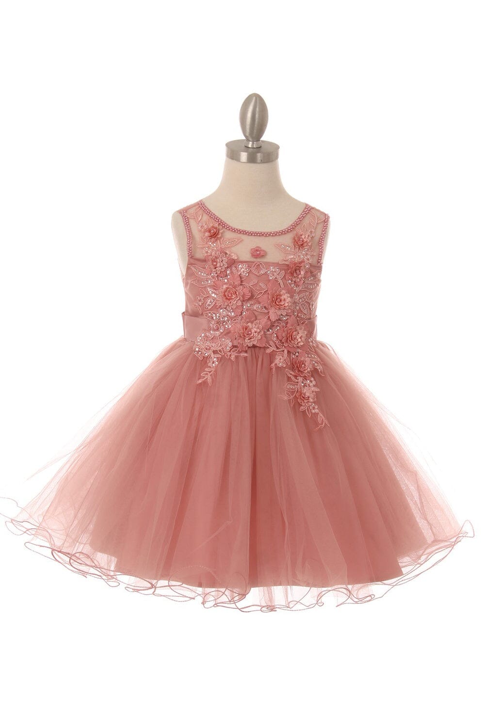 Girls Short Illusion Dress with 3D Flowers by Cinderella Couture 9083