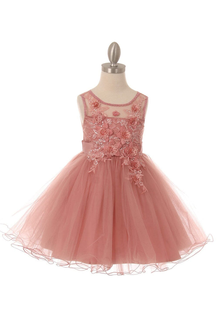 Girls Short Illusion Dress with 3D Flowers by Cinderella Couture 9083