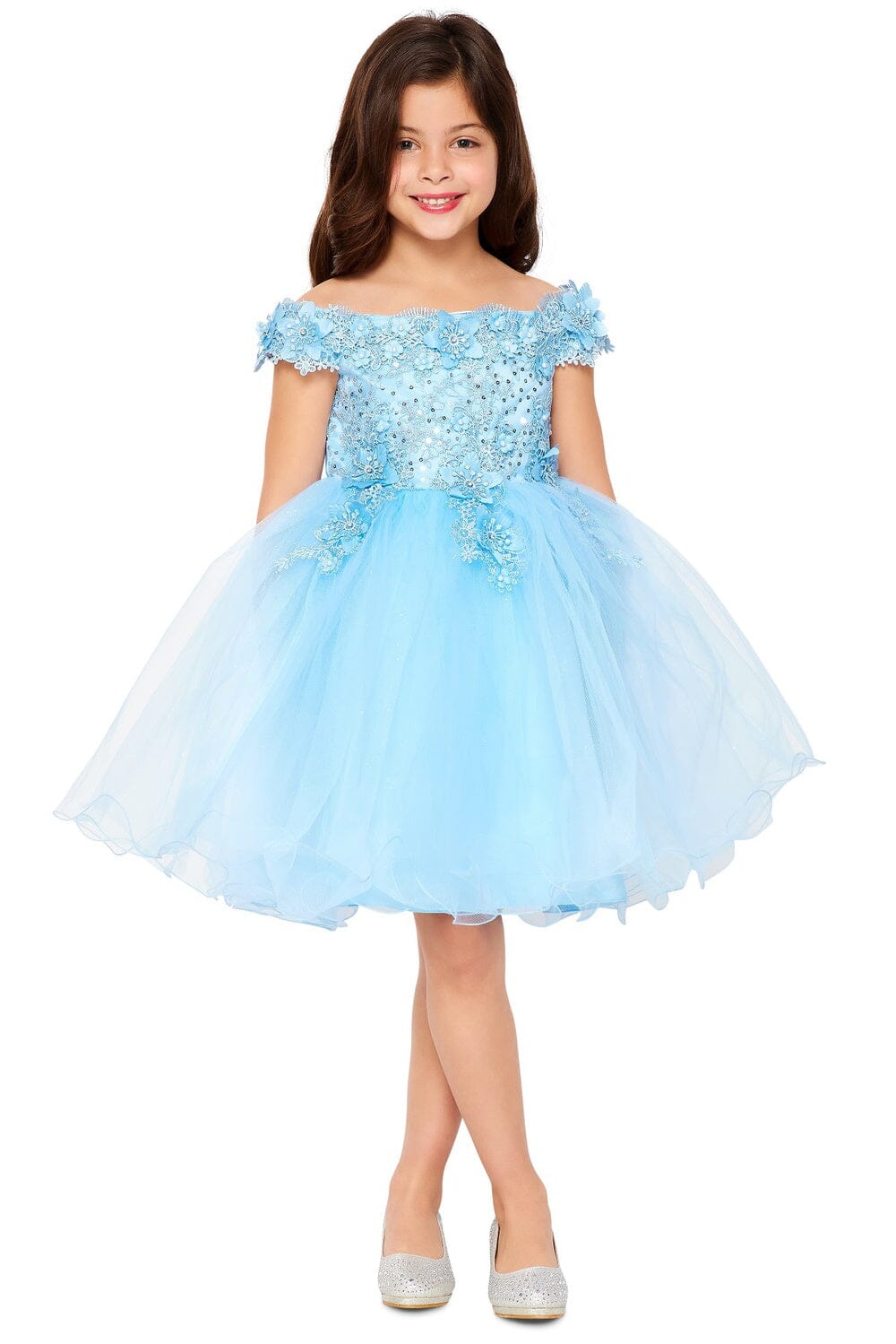 Girls Short Off Shoulder Glitter Dress by Cinderella Couture 9085