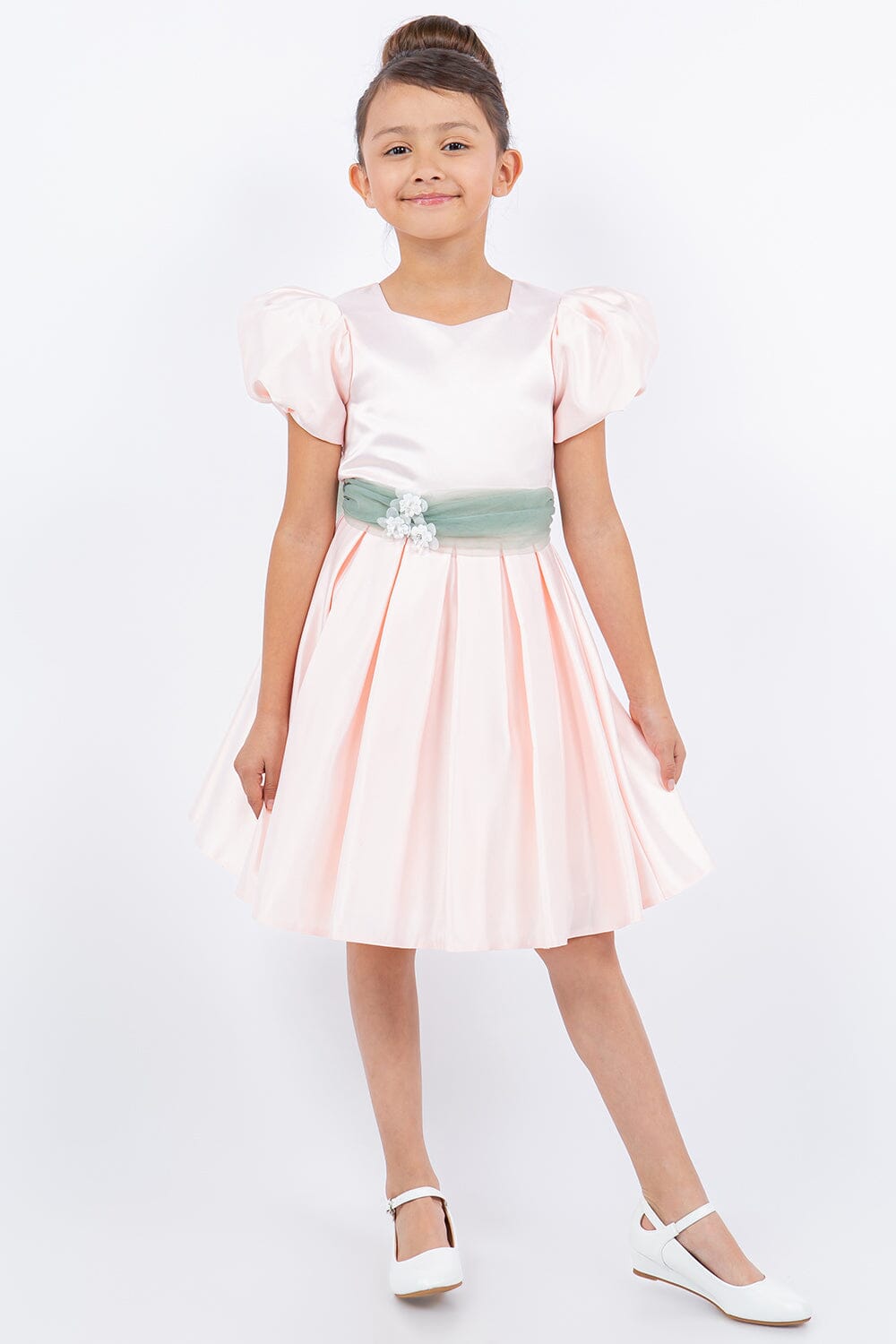 Girls Short Puff Sleeve Satin Dress by Cinderella Couture 9159