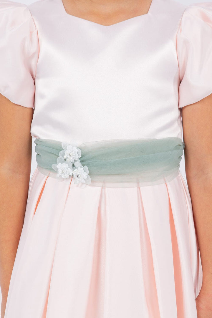 Girls Short Puff Sleeve Satin Dress by Cinderella Couture 9159