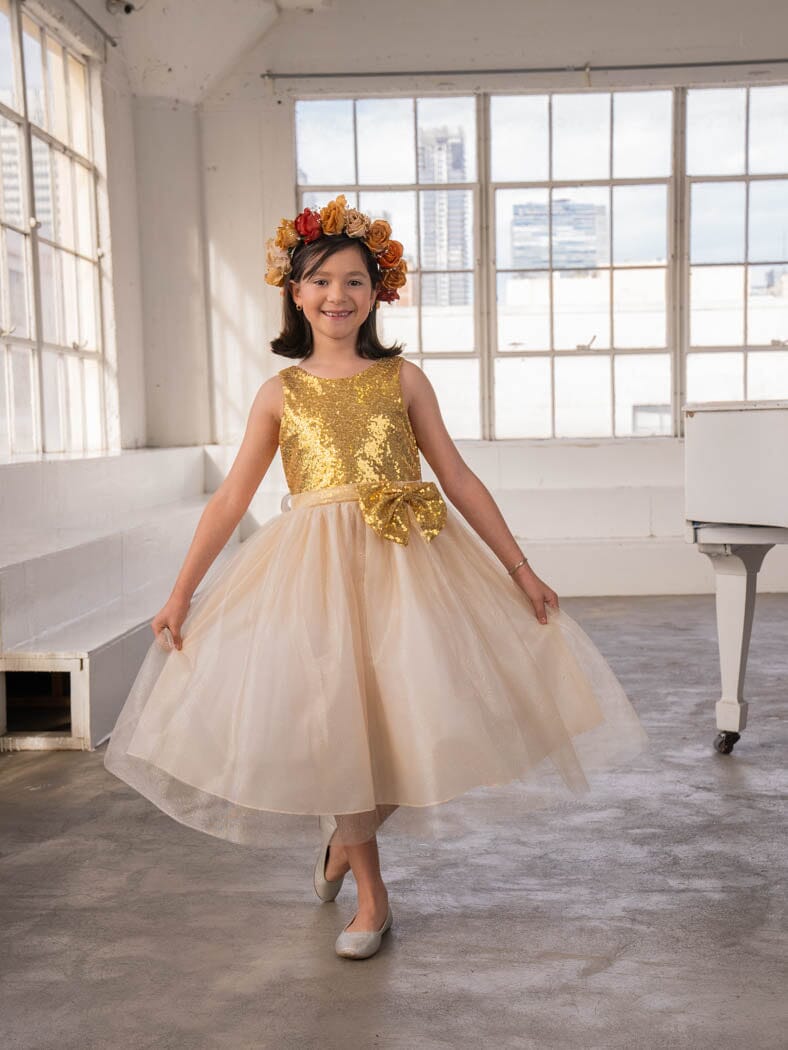 Girls Short Sequin Bodice Dress by Calla D832 | Formal Dress Shops Gold/Champagne / 8 Girls Short Sequin Bodice Dress by Calla D832 | Formal Dress Shops Gold/Champagne / 8