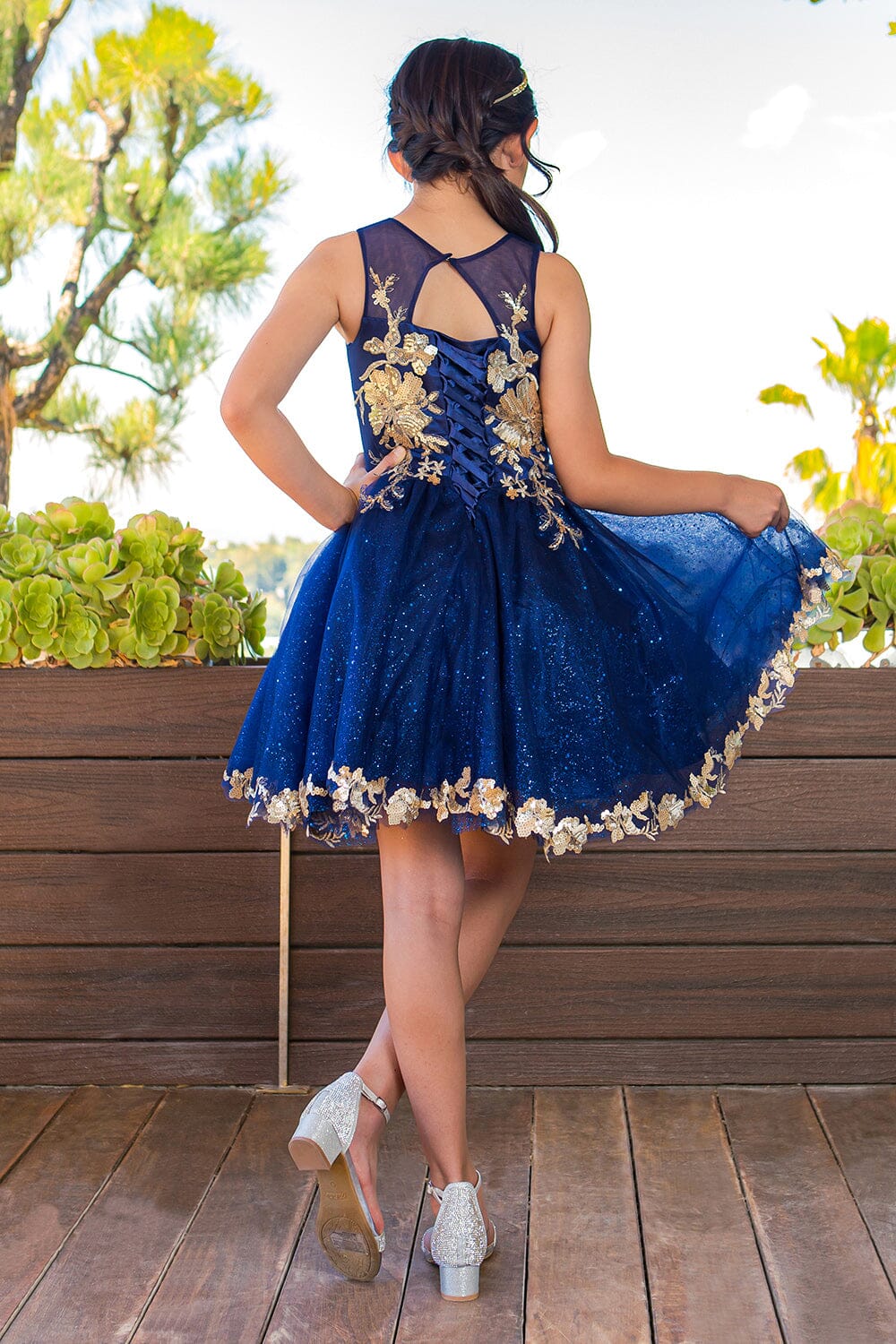 Girls Short Sequin Print Dress by Cinderella Couture 5121 12 / Navy Girls Short Sequin Print Dress by Cinderella Couture 5121 12 / Navy