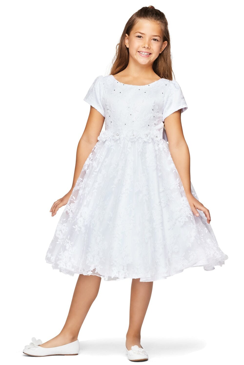 Girls Short Sleeve Chantilly Lace Dress by Cinderella Couture 9078
