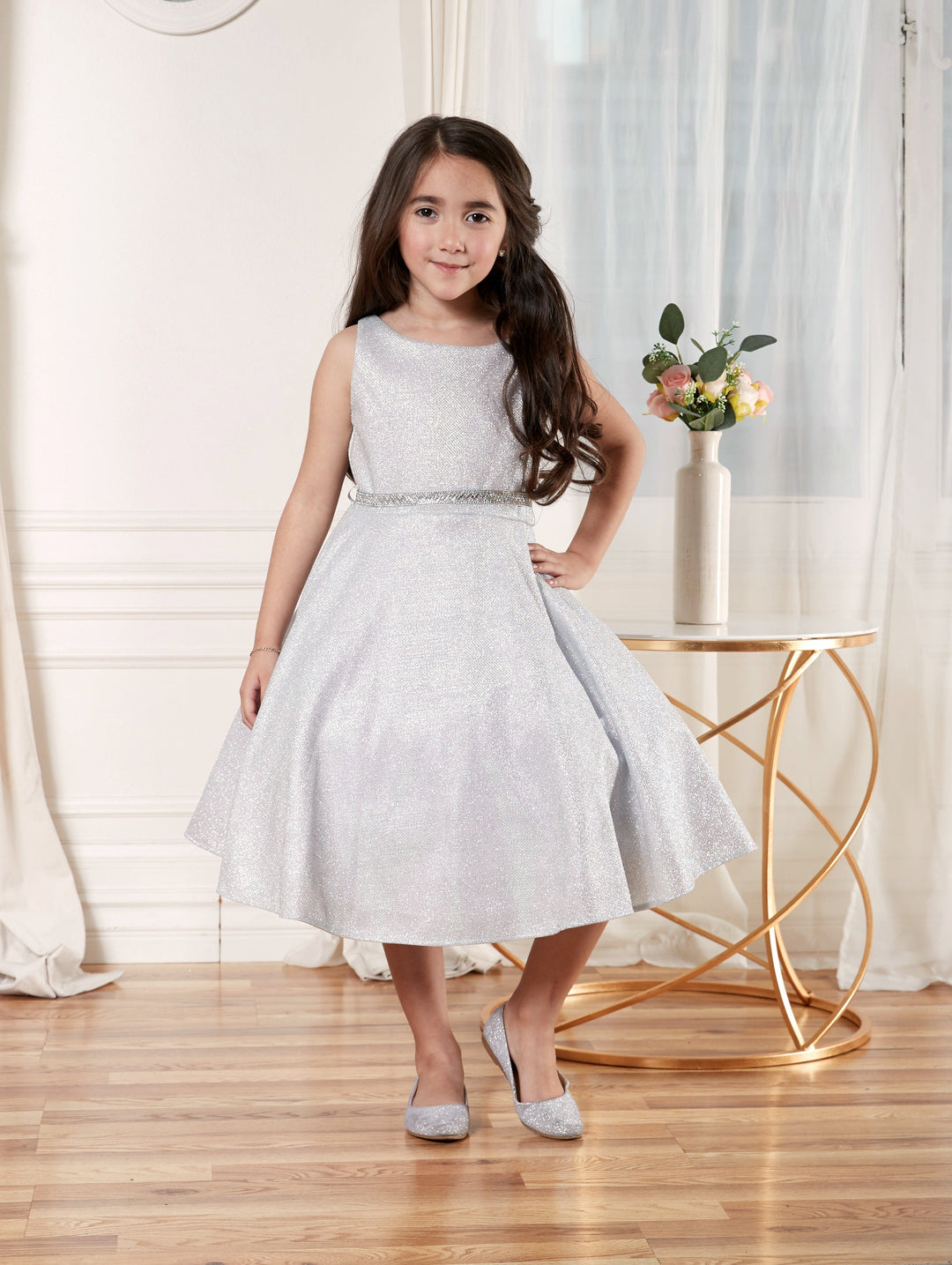 Girls Short Sleeveless Metallic Glitter Dress by Calla D817