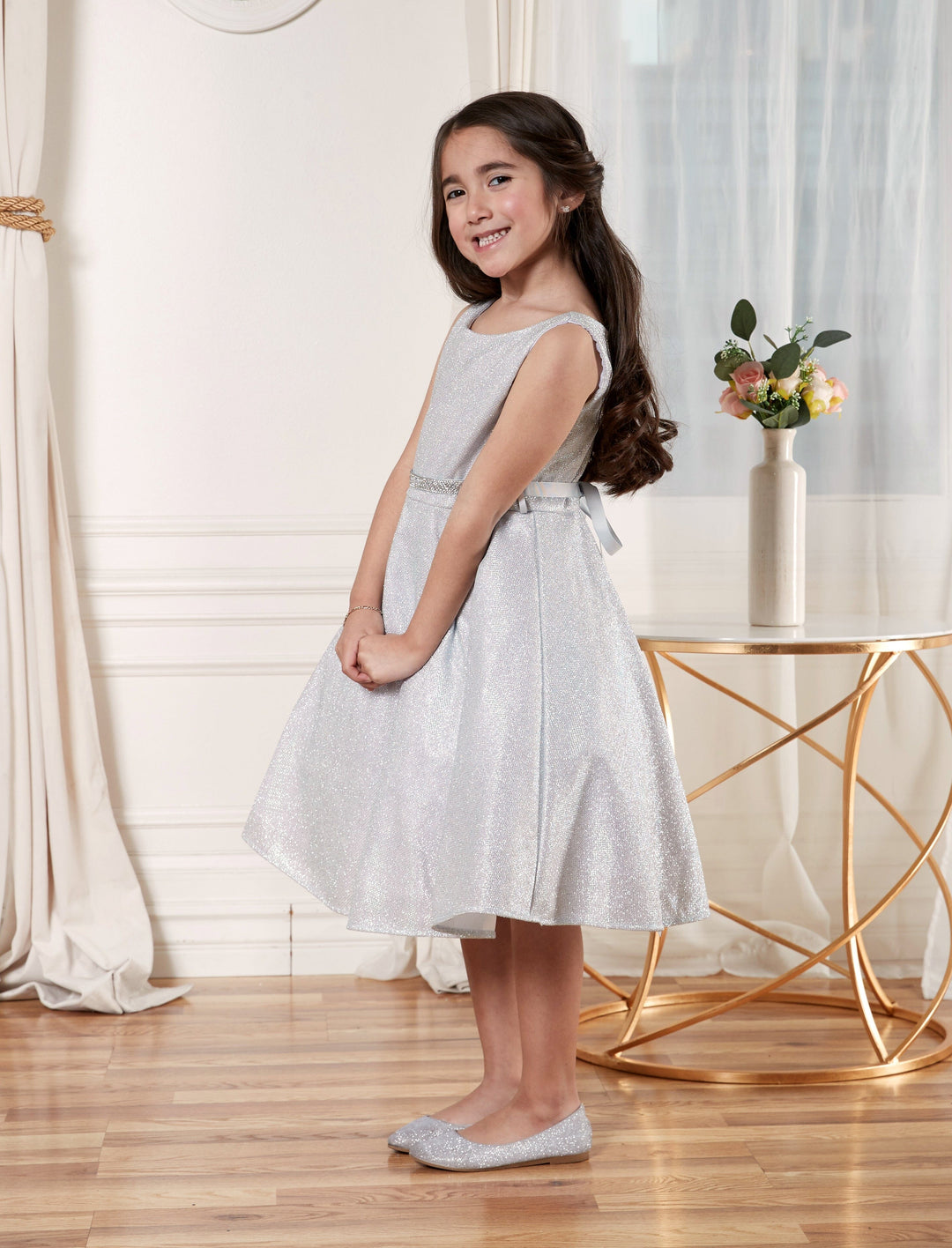 Girls Short Sleeveless Metallic Glitter Dress by Calla D817