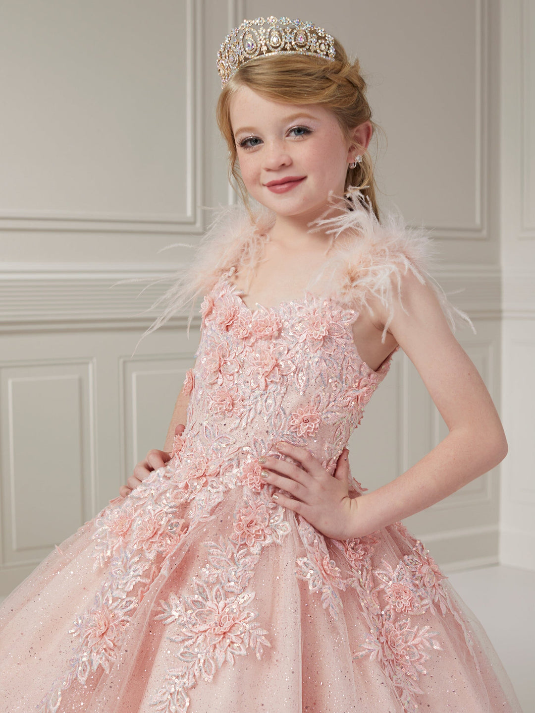 Girls Sleeveless Feather Gown by Tiffany Princess 13727