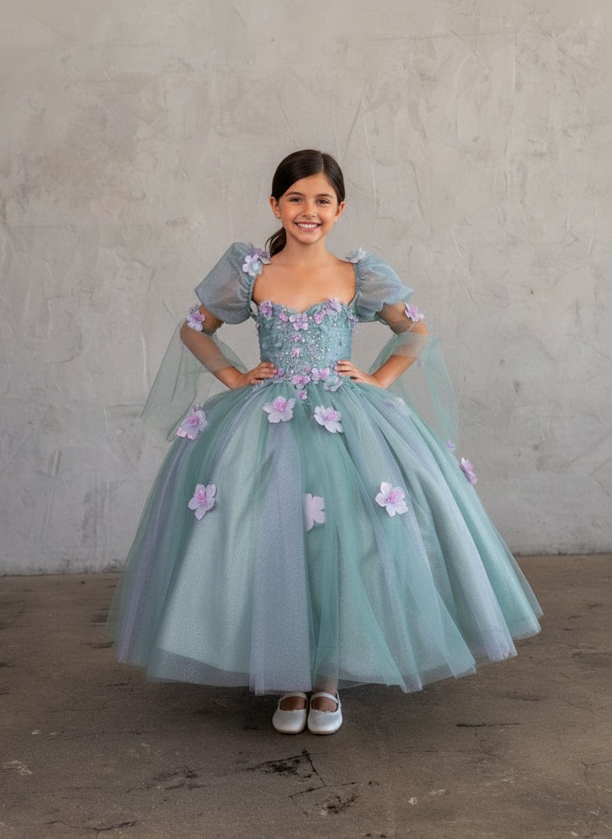 Girls Strapless Puff Sleeve Gown by Calla SCK-309