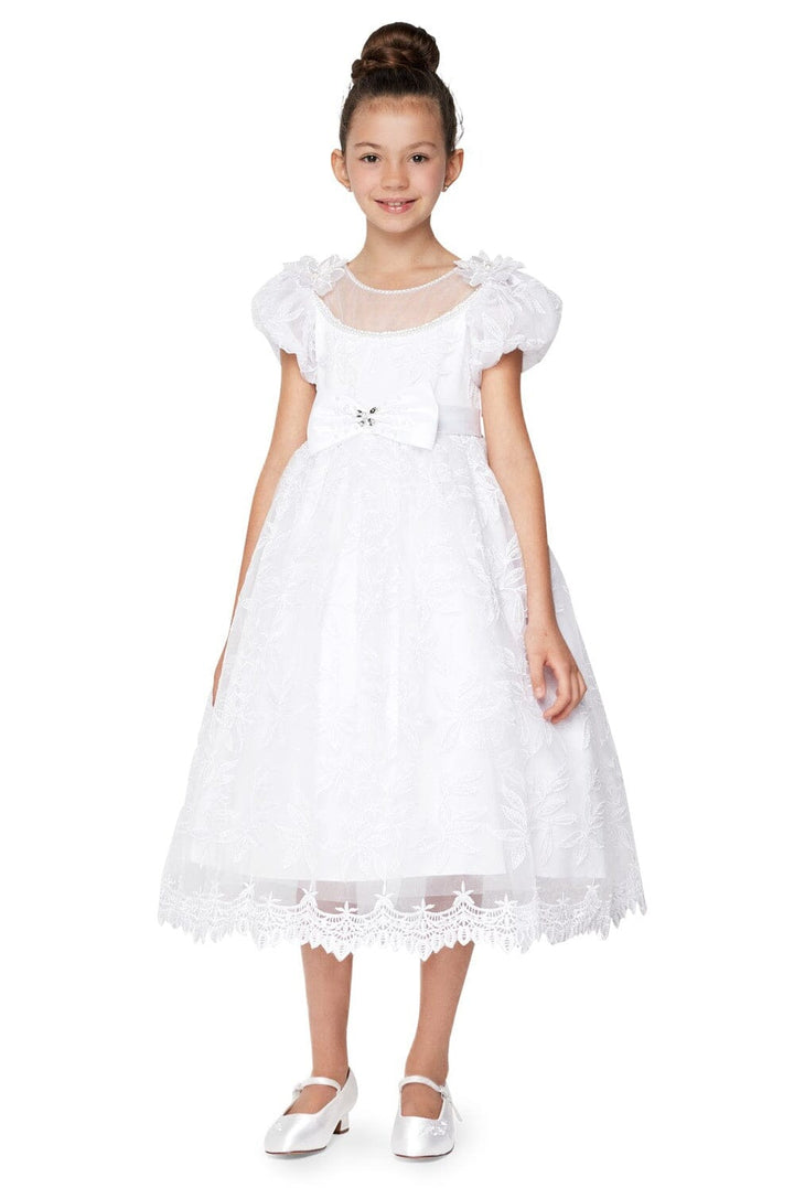 Girls White Lace Dress with Puff Sleeves by Cinderella Couture 2904