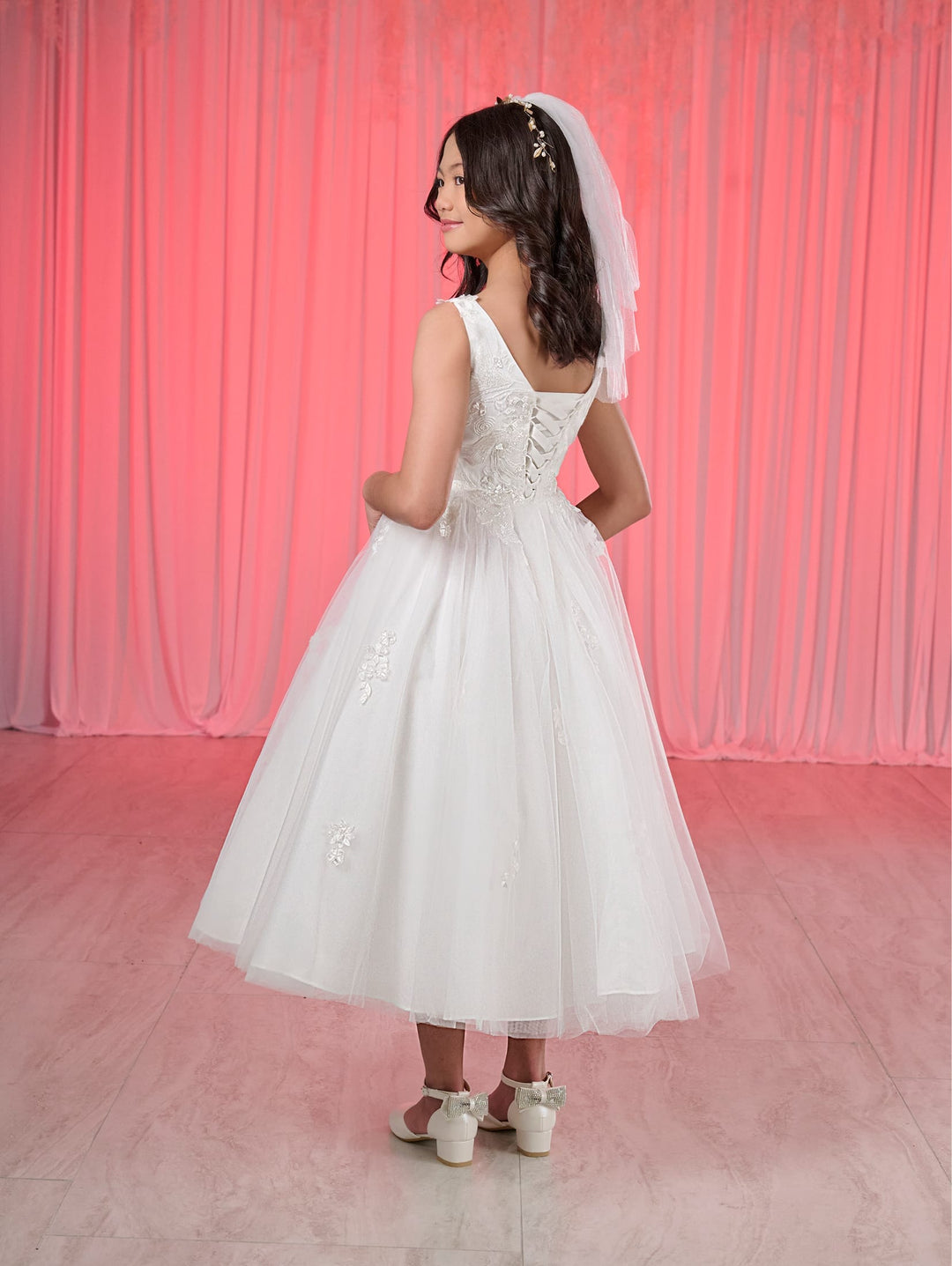 Girls White Tea Length Dress by Tiffany Princess 13784