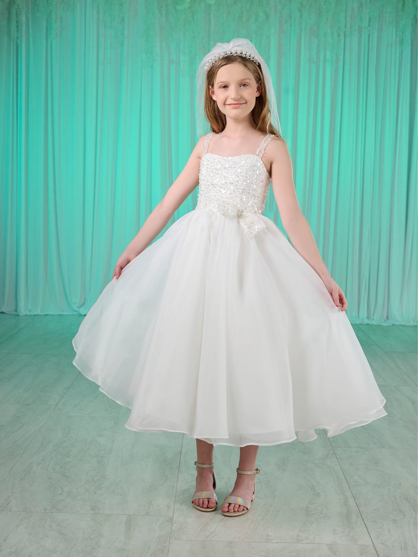 Girls White Tea Length Dress by Tiffany Princess 13785 6 / Sparkle Off White Girls White Tea Length Dress by Tiffany Princess 13785 6 / Sparkle Off White