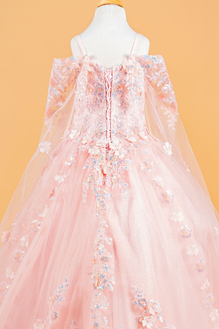 Girls 3D Floral Cape Sleeve Gown by Elizabeth K GK118