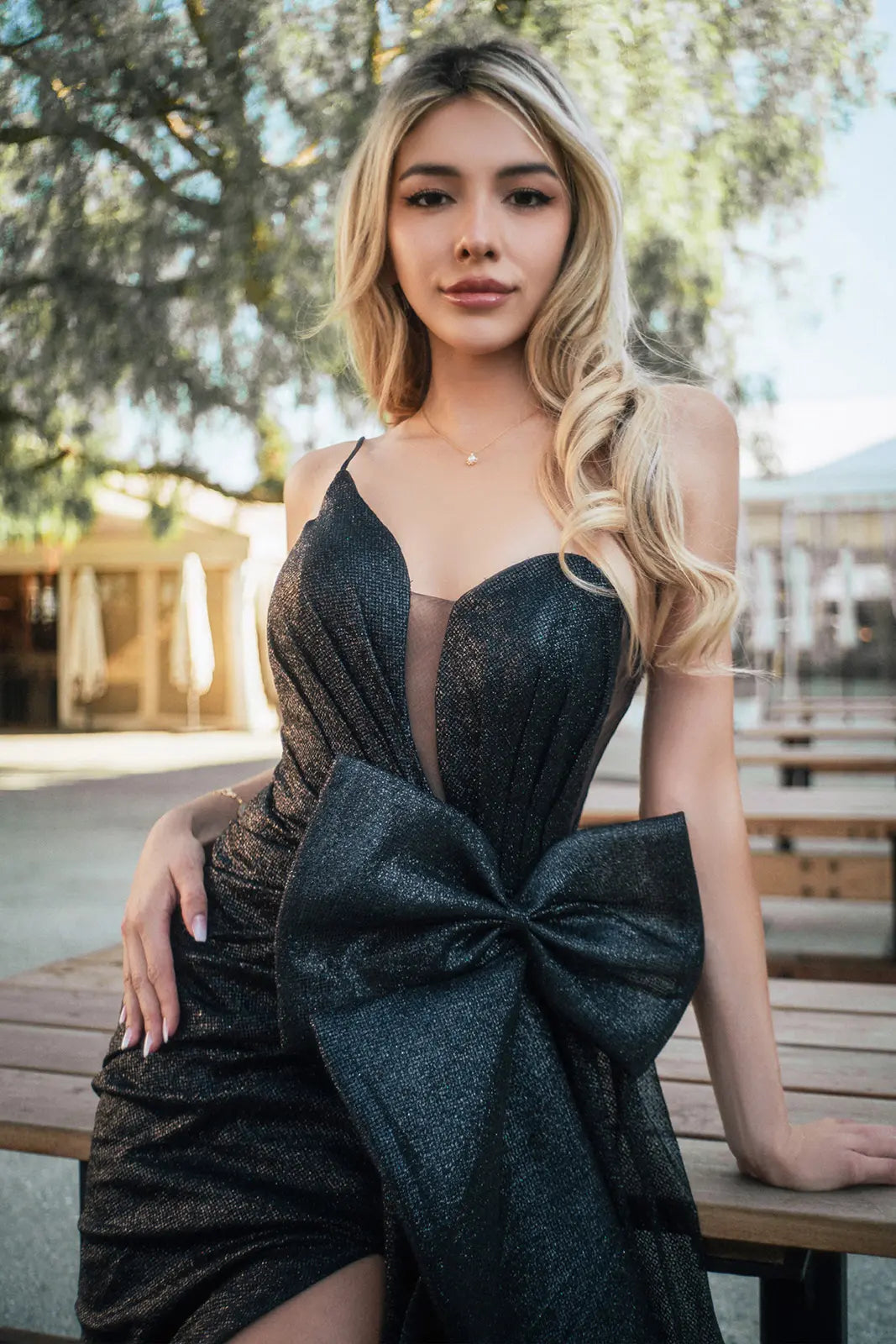 Fitted Glitter One Shoulder Bow Slit Gown by GLS Gloria GL3272