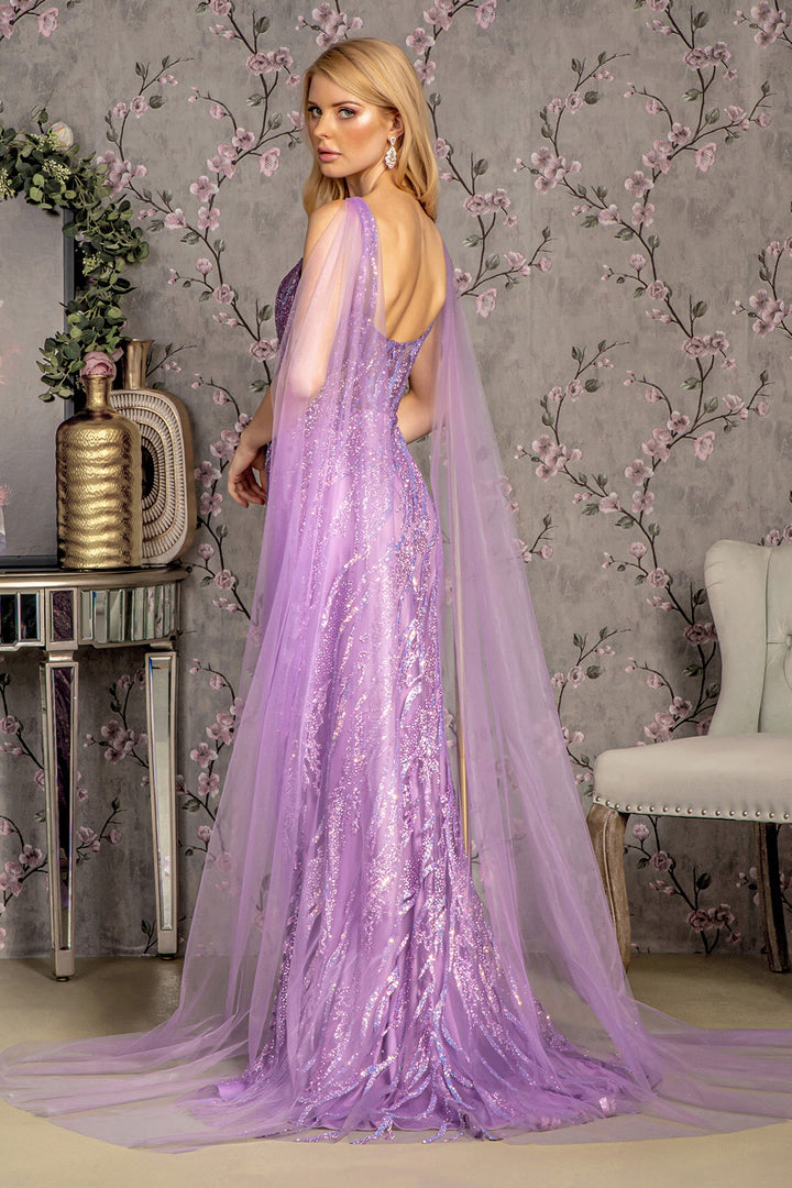 Glitter Print Sleeveless Cape Slit Gown by GLS Gloria GL3369