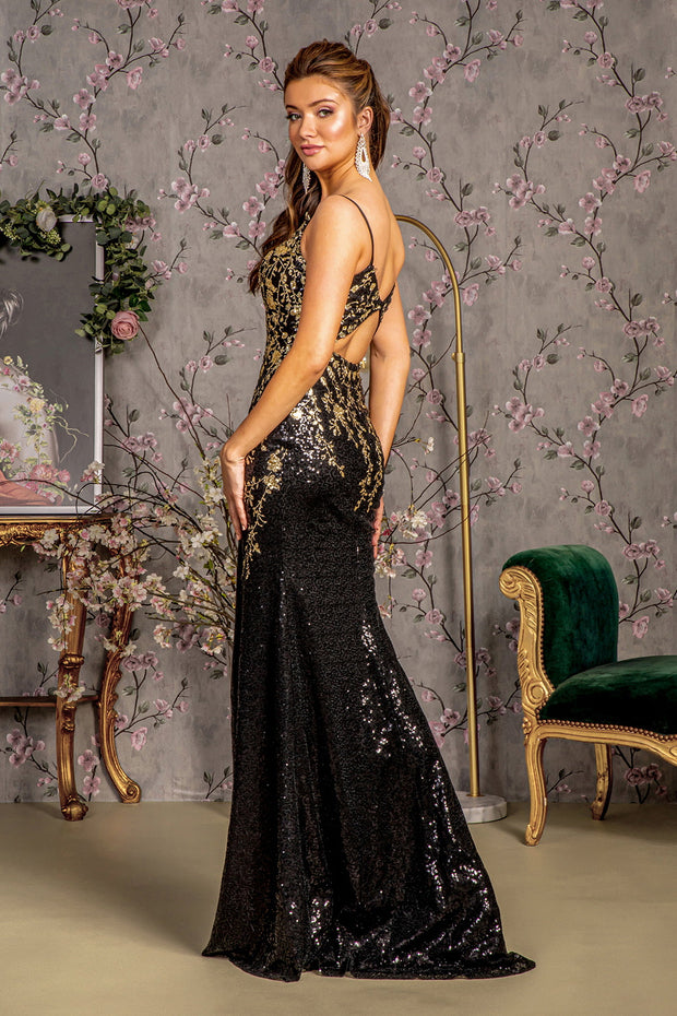 Fitted Sequin Print Sleeveless Slit Gown by GLS Gloria GL3370