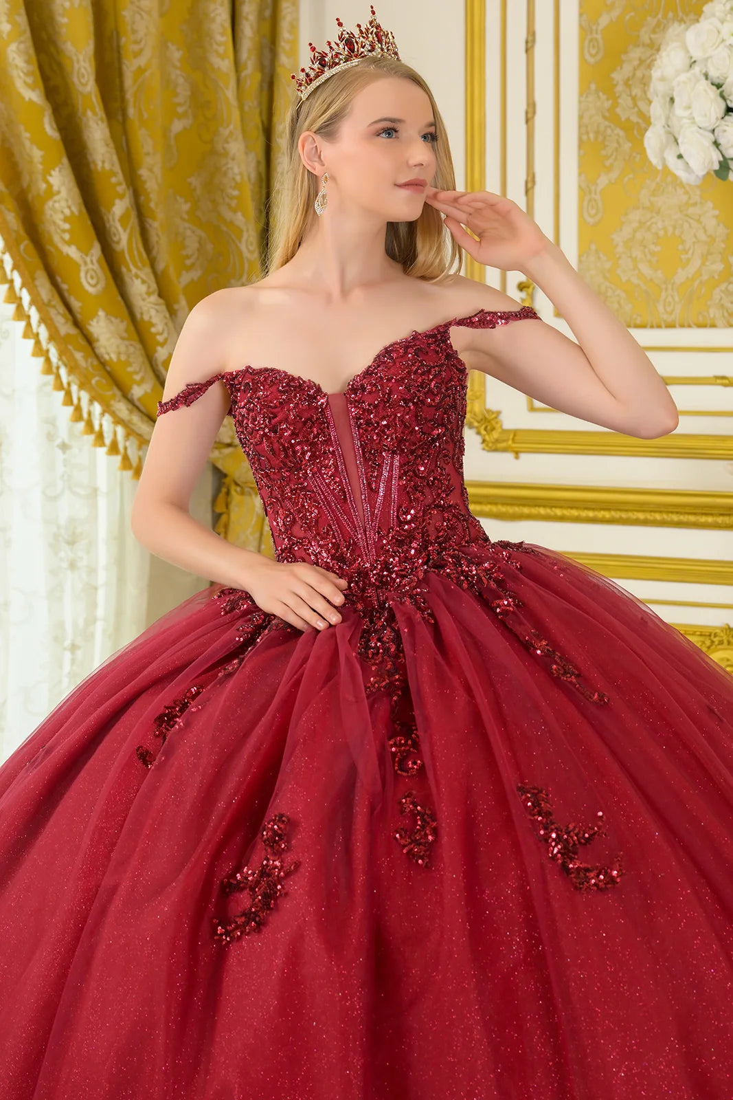 Beaded Off Shoulder Ball Gown by Elizabeth K GL3712