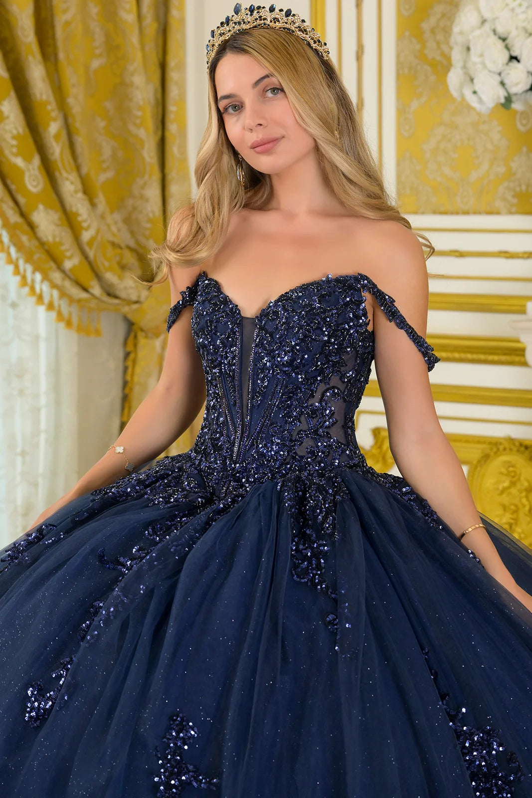 Elizabeth K GL3712 - Long Tulle Ballgown Dress - Draped Off-Shoulder Sleeves, Beaded, Sequin, Detachable Butterfly Accent, Chapel Train, Lace-Up Back Elizabeth K GL3712 - Long Tulle Ballgown Dress - Draped Off-Shoulder Sleeves, Beaded, Sequin, Detachable Butterfly Accent, Chapel Train, Lace-Up Back