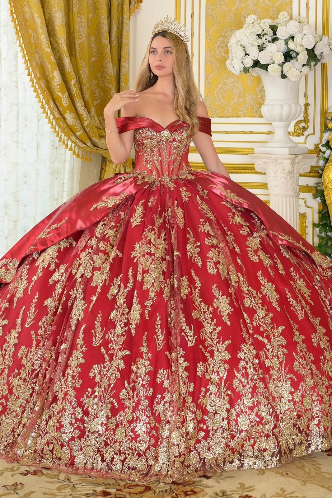 Beaded Off Shoulder Ball Gown by Elizabeth K GL3791 XS / Burgundy