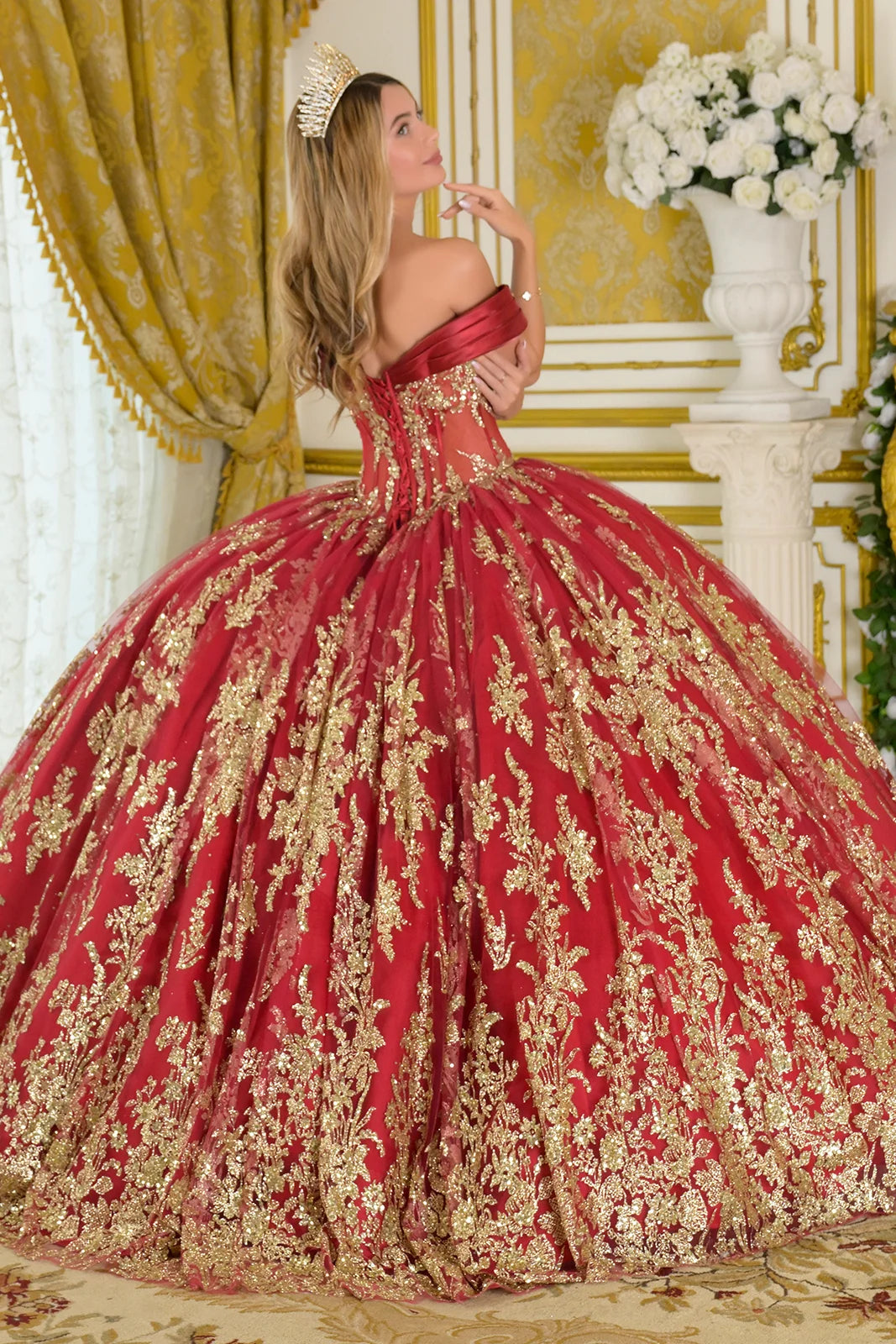 Beaded Off Shoulder Ball Gown by Elizabeth K GL3791 XS / Burgundy Beaded Off Shoulder Ball Gown by Elizabeth K GL3791 XS / Burgundy