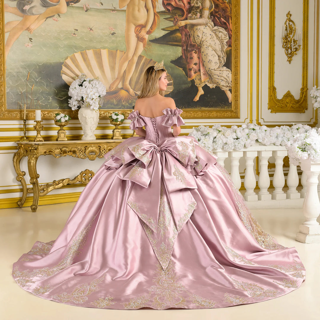 Satin Off Shoulder Ball Gown by Elizabeth K GL3803 M / Mauve