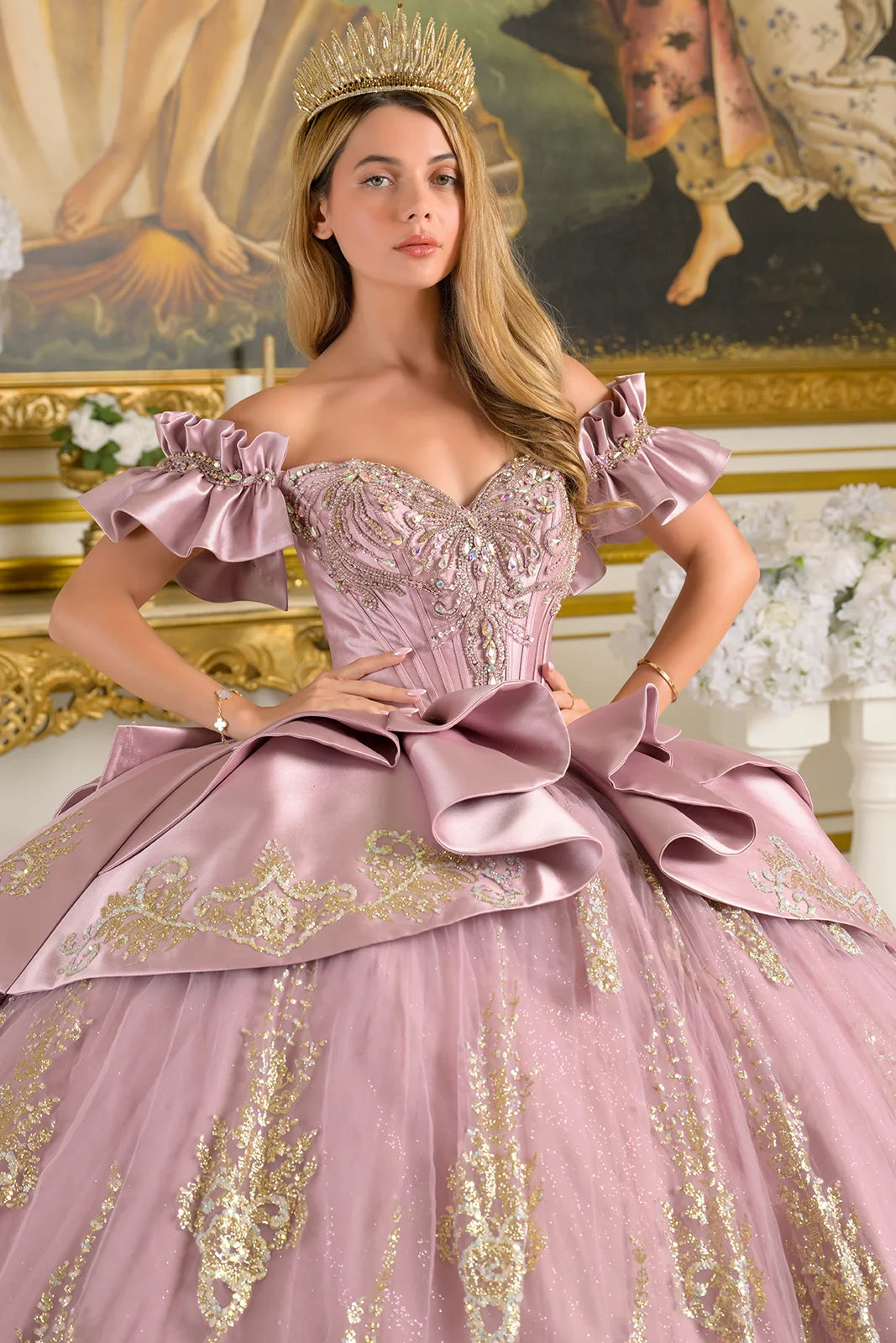 Satin Off Shoulder Ball Gown by Elizabeth K GL3803