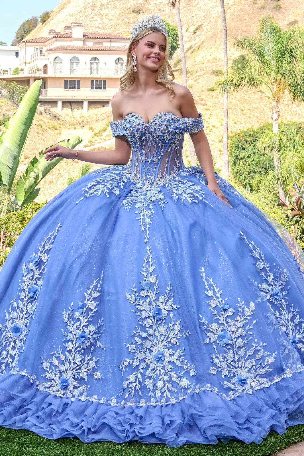 Off Shoulder Ruffled Ball Gown by Elizabeth K GL3812 2XL / Dusty Blue