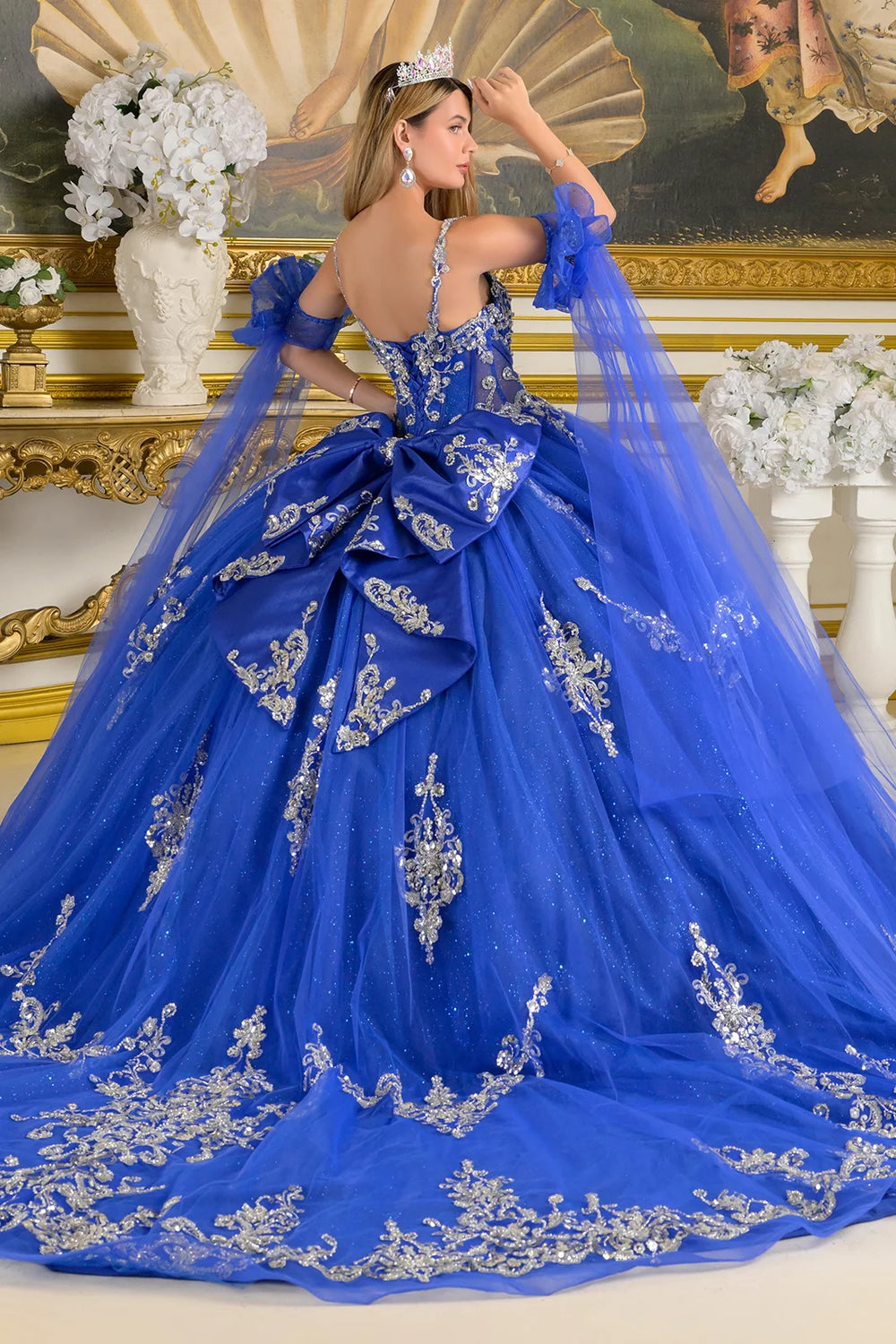 Elizabeth K GL3813 - Long Tulle Ballgown Dress - Spaghetti Straps, Embroidery, Beaded, Sequin, Jewel, Glitter, Lace-Up Back, Detachable Cape Sleeves Elizabeth K GL3813 - Long Tulle Ballgown Dress - Spaghetti Straps, Embroidery, Beaded, Sequin, Jewel, Glitter, Lace-Up Back, Detachable Cape Sleeves