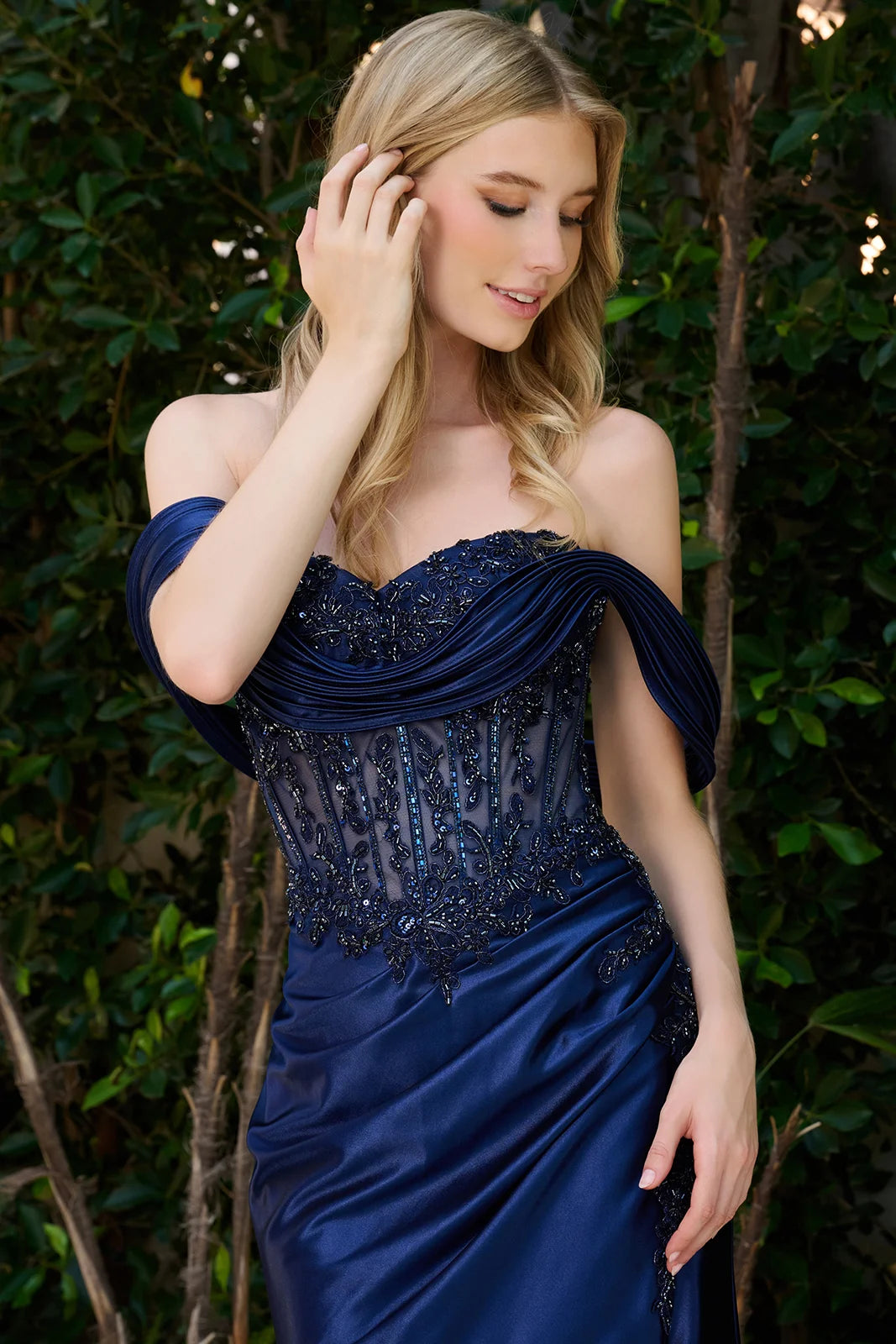 Satin Off Shoulder Slit Gown by Elizabeth K GL3852