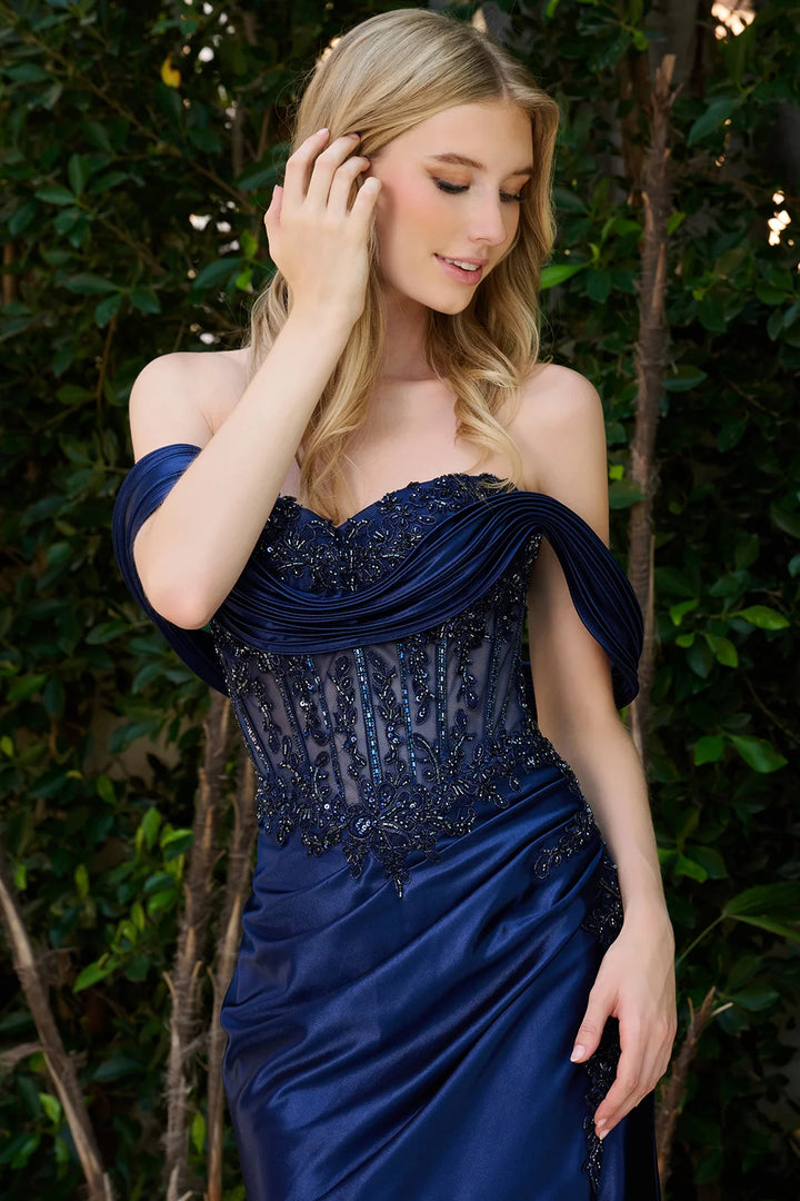Satin Off Shoulder Slit Gown by Elizabeth K GL3852
