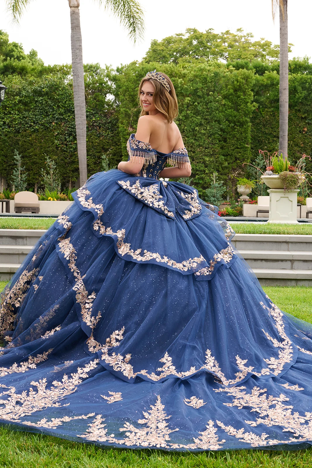 Off Shoulder Fringe Ball Gown by Elizabeth K GL3857