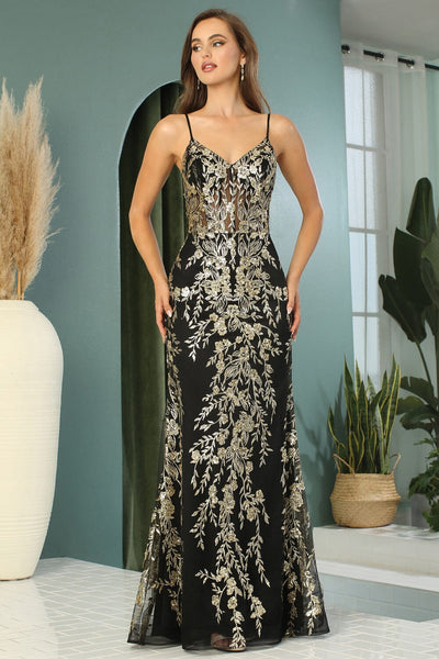 Glitter Applique Fitted V-Neck Gown by Adora 3158