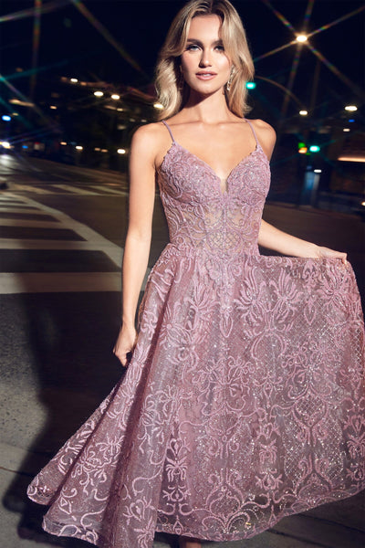 Glitter Applique Tea Length Dress by Ladivine CD872
