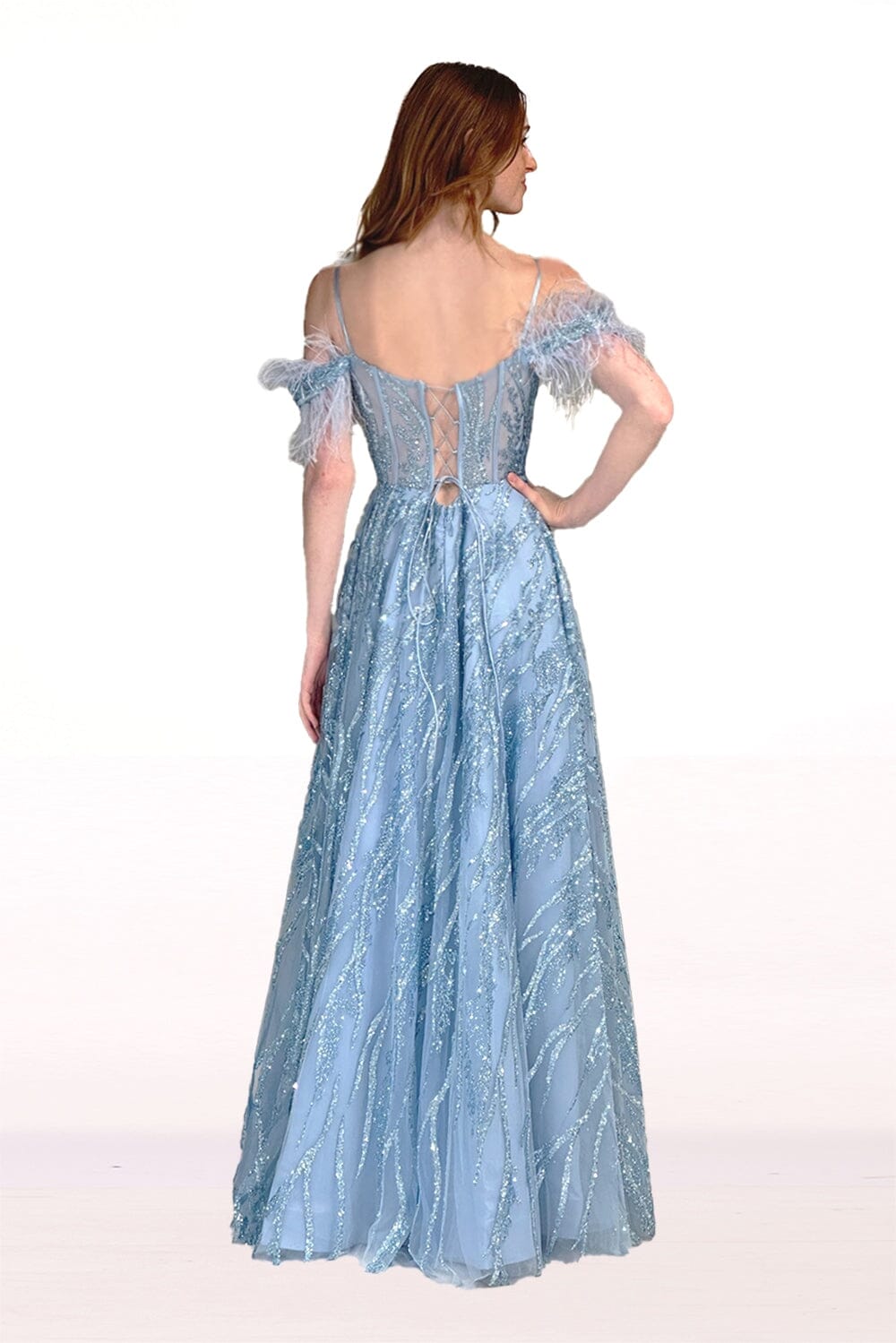 Glitter Feather Cold Shoulder Gown by Abby Paris 90270