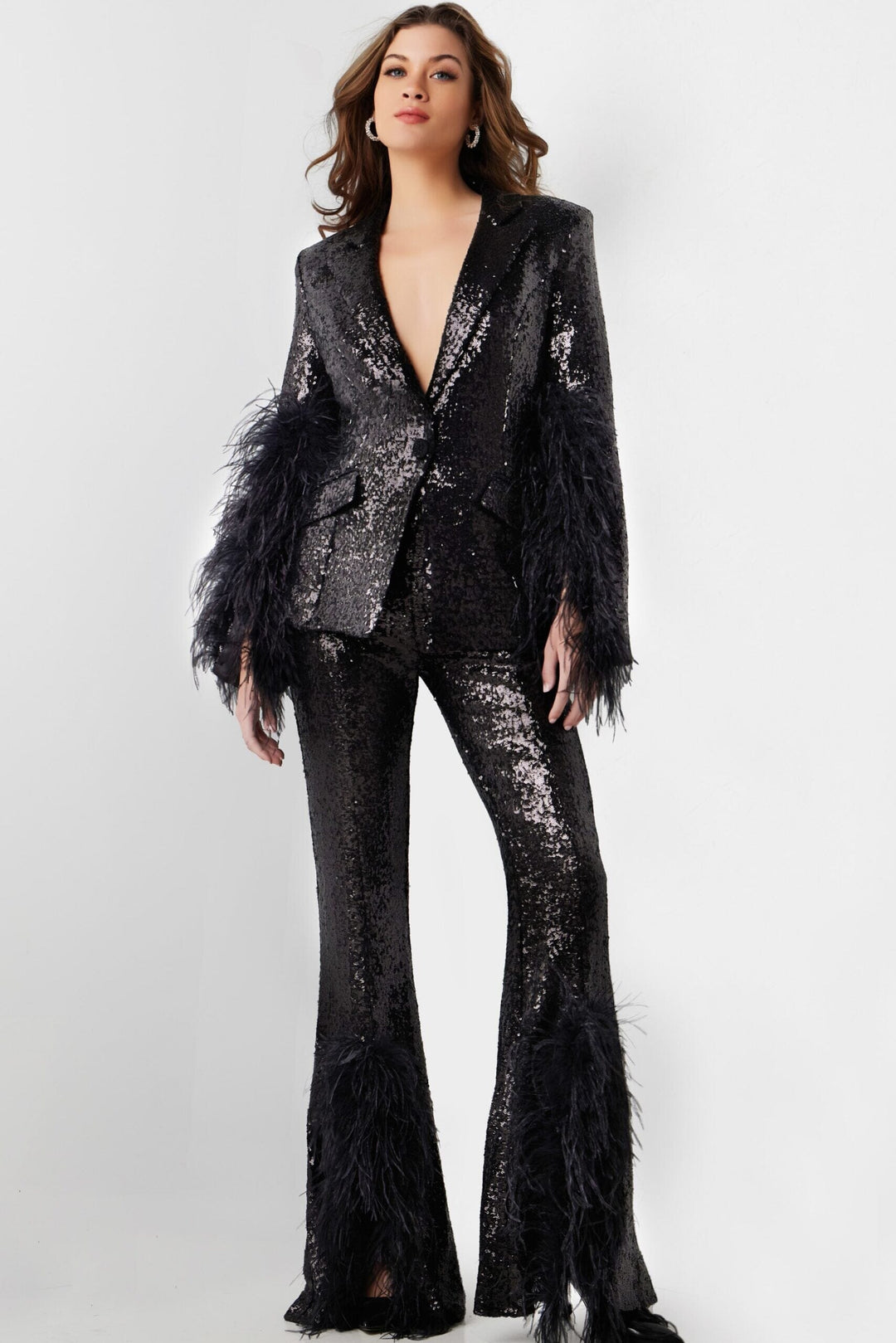 Glitter Feather Two Piece Pant Suit by Jovani 23162