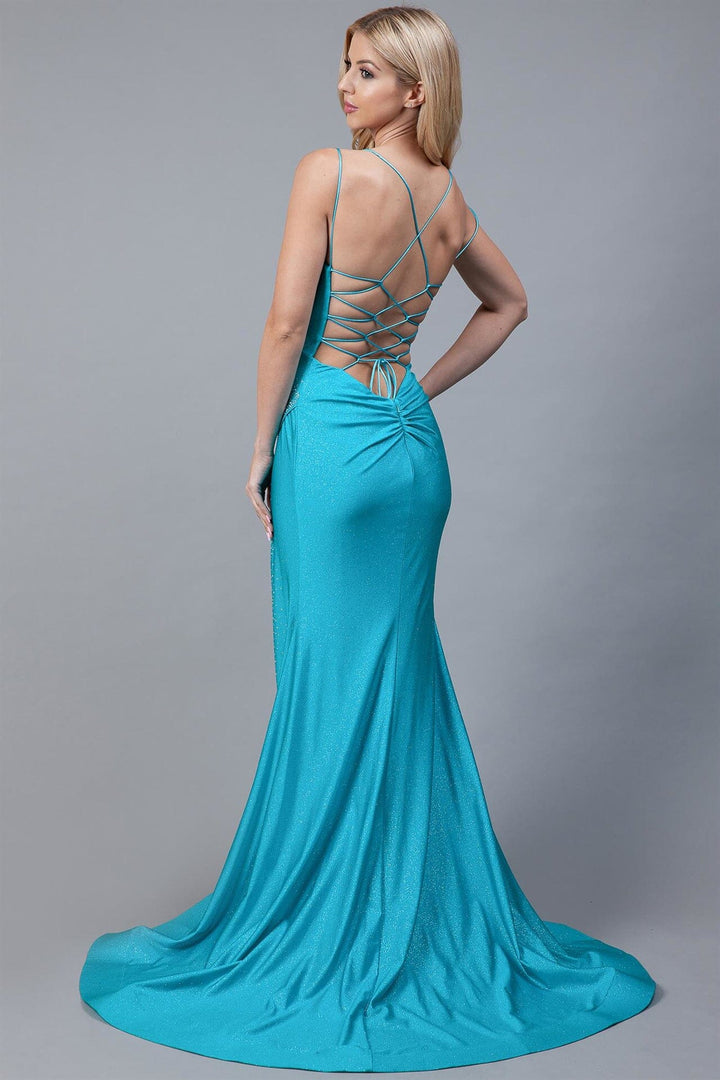 Glitter Fitted Cowl Neck Slit Gown by Amelia Couture 399
